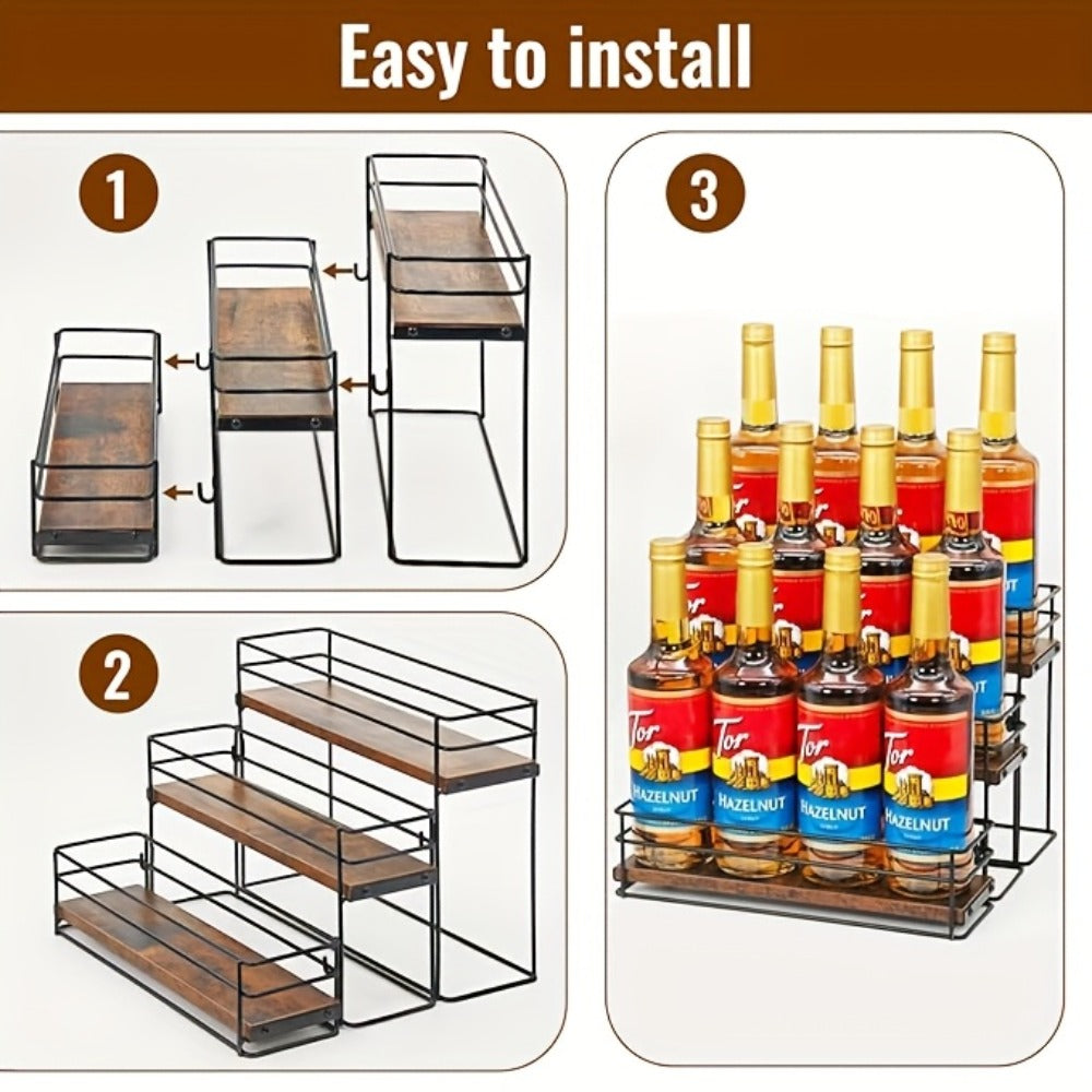 3-Tier Metal Bottle Rack Countertop Organizer ¨C No-Install Syrup Holder for Coffee Bar, Wine & Whiskey Display Stand, Holds 12 Bottles