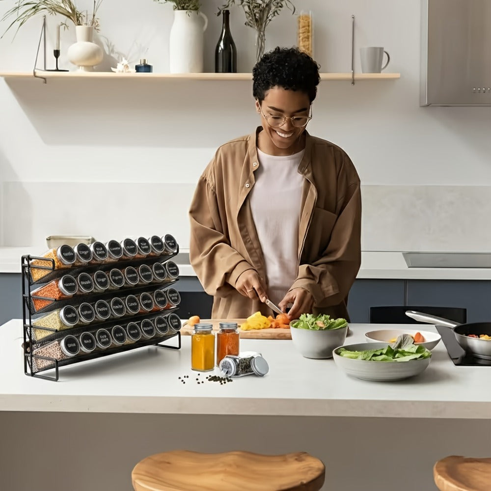 Spice Rack Organizer with 28 Jars, 386 Pre-Printed Labels, Chalk Marker & Funnel ¡ª Wall Mount, Cabinet, Countertop & Pantry Spice Storage | 13.4¡±W ¡Á 10.8¡±H | Black