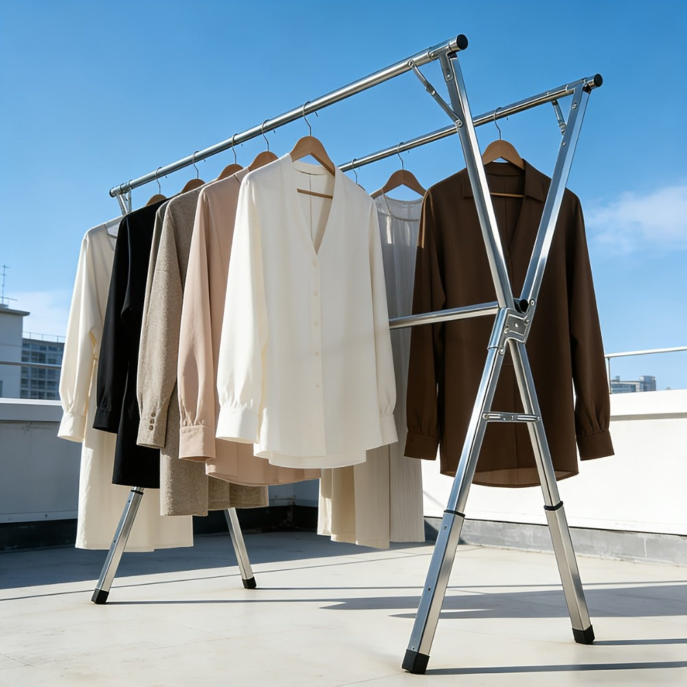 Clothes Drying Rack Foldable Heavy Duty - Upgraded X-Frame Collapsible Laundry Drying Rack for Indoor Outdoor Use, Adjustable Metal Clothesline Stand for Clothes, Blankets, Bedding, Sweaters