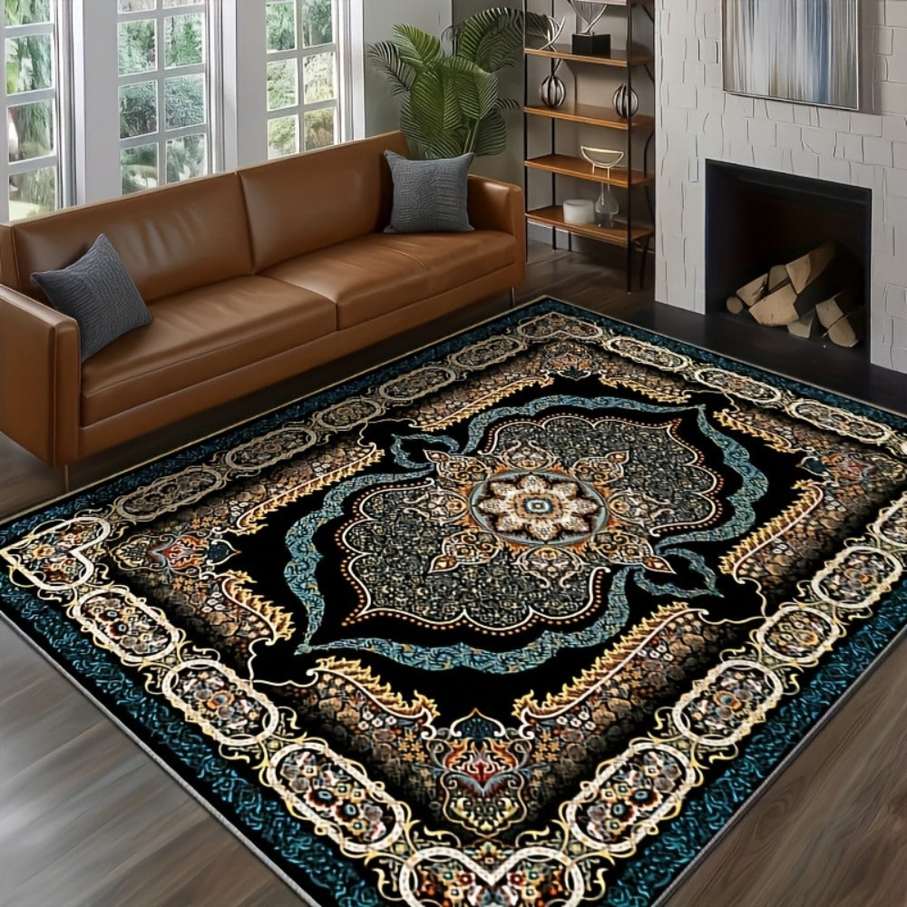 Bohemian Floral Area Rug Non-Slip Backing Machine Washable Velvet Floor Mat Shedding-Resistant 100% Polyester Soft Carpet for Living Room Bedroom Kitchen Office Modern Decorative Rug