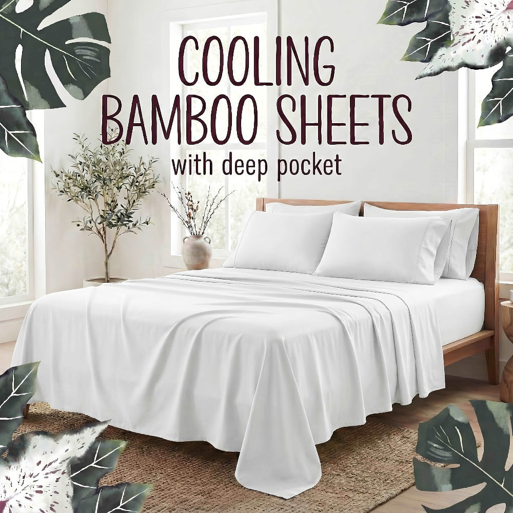 Bamboo Fiber Bed Sheet Set 4-Piece ¨C Cooling Sheets, Hypoallergenic, Deep Pocket Fitted Sheet, Wrinkle-Free Bedding for All Seasons, Twin Full Queen King