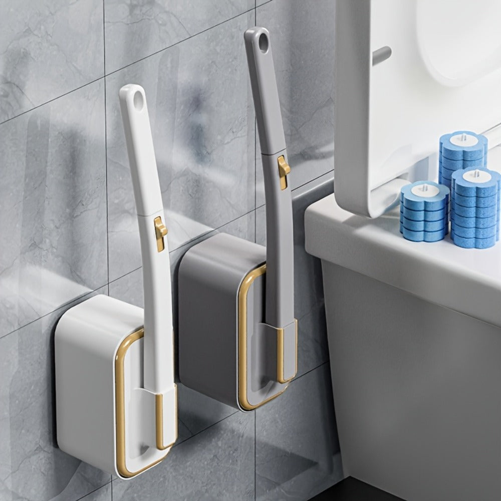 Wall-Mounted Toilet Brush Set with 8 Disposable Heads | No-Drill Easy Install, Long Handle Bathroom Cleaning Brush, Replaceable Brush Heads for Toilet Bowl, Home & Commercial Use, Plastic Medium Firmness