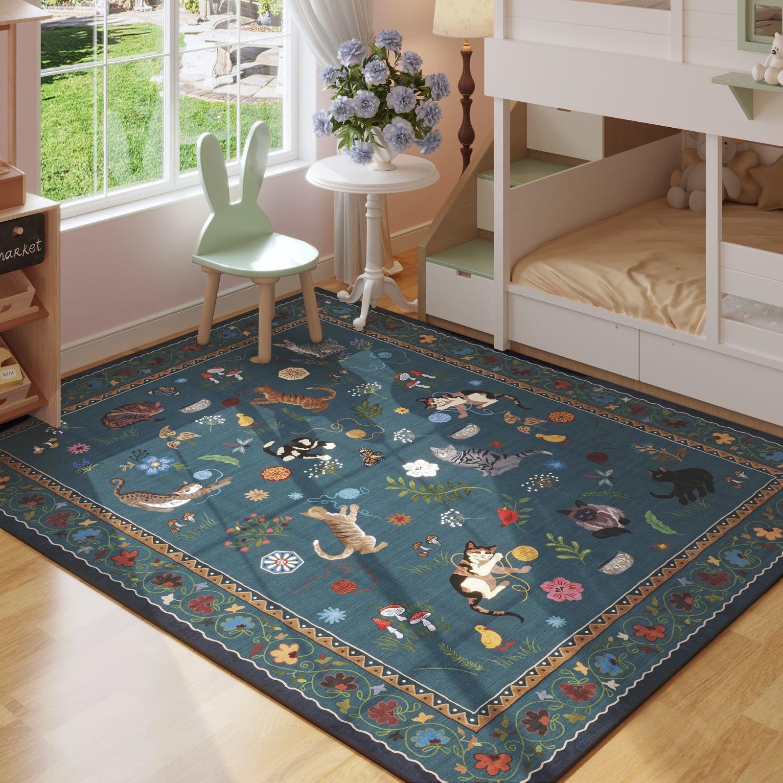 Boho Cat Floral Area Rug ¨C Vintage Blue Animal Print Low Pile Carpet, Non-Slip Soft Rug for Living Room, Bedroom & Dining Room, Round & Runner Sizes, Easy Clean