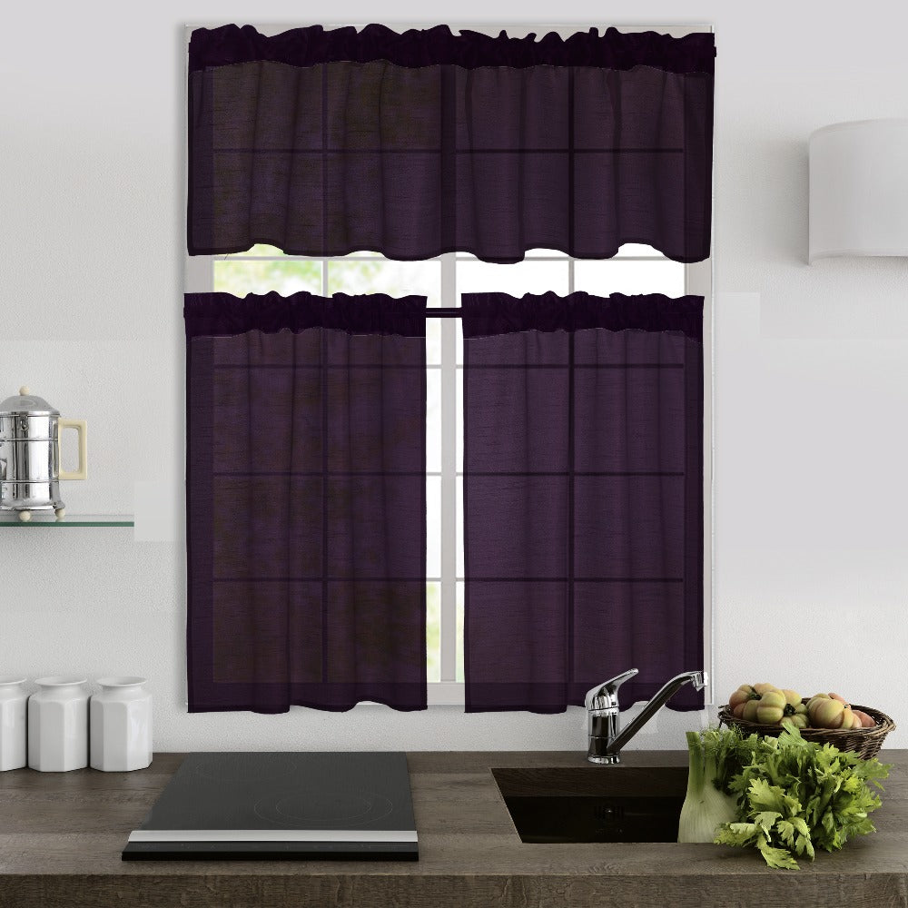 Kitchen Curtains 3 Panels Faux Silk Sheer Tier and Valance Set Rod Pocket 2 Tiers 26x36 inch + Valance 52x14 inch for Kitchen Bathroom Window Drapes