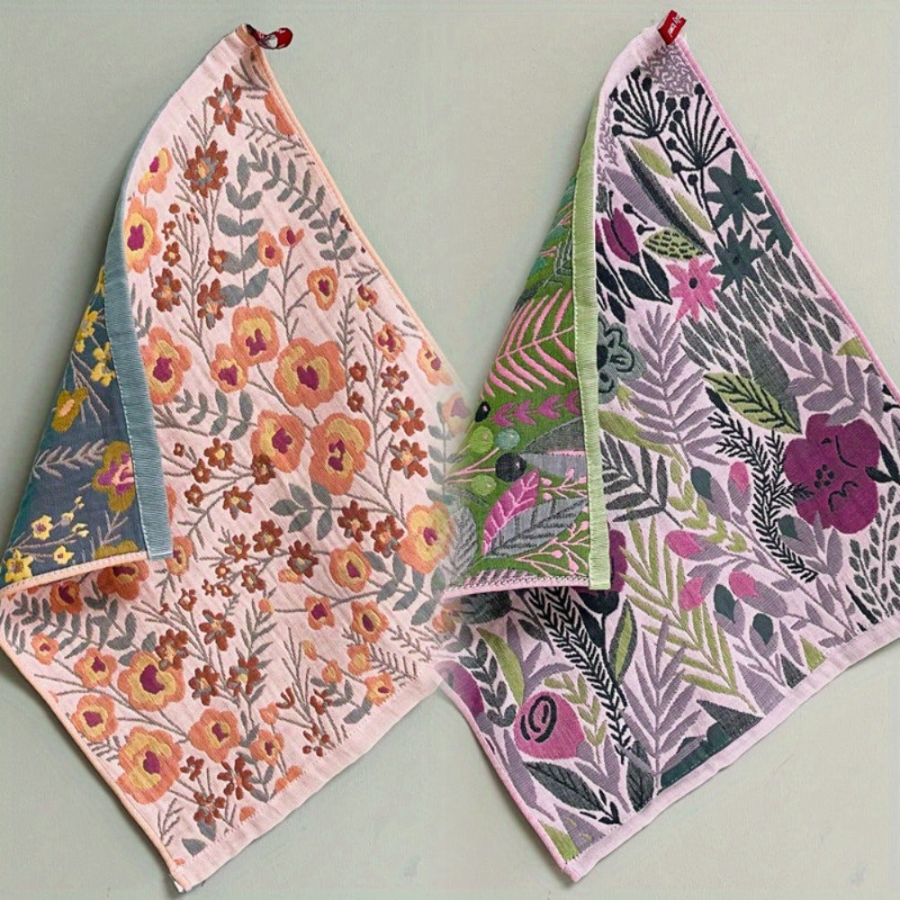 Floral Cotton Face Towels 2pcs ¨C Soft Absorbent Wash Cloths for Home, Hotel & Spa | 14.37x15.75 In