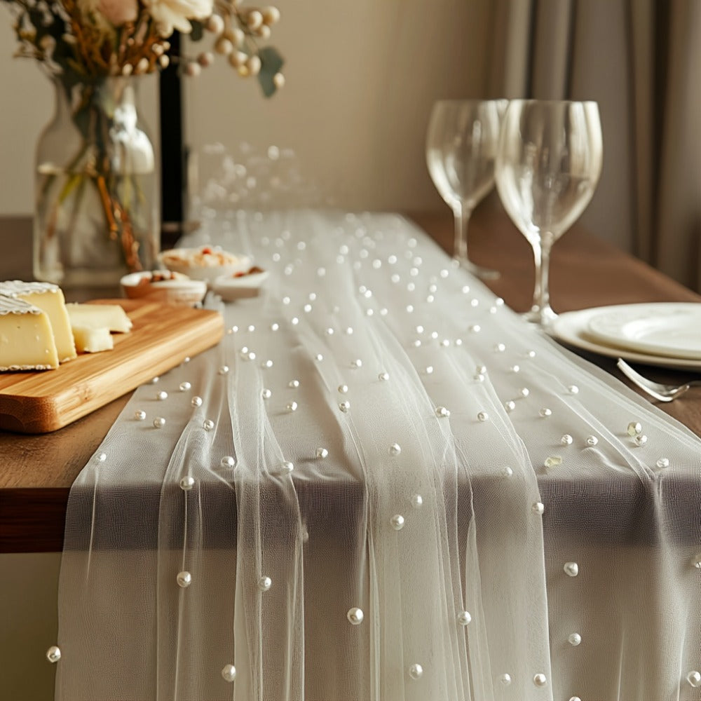 White Pearl Beaded Tulle Table Runner 2.5¡Á9.8ft | Wedding Ceremony Backdrop, Birthday Party & Valentine's Day Romantic Decor, Sheer Mesh Fabric 3PCS