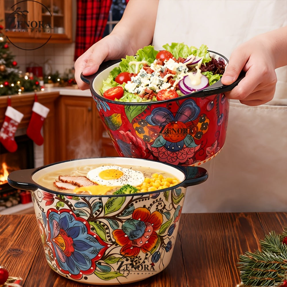 Giant Ceramic Extra-Deep Serving Bowl With Handles, 101oz, Bohemian Hand-Painted, Chip-Resistant, Microwave Dishwasher Oven Safe, Soup Salad Ice Cream Bowl, Family Kitchen Serving Set, Wedding Gift (2pcs)