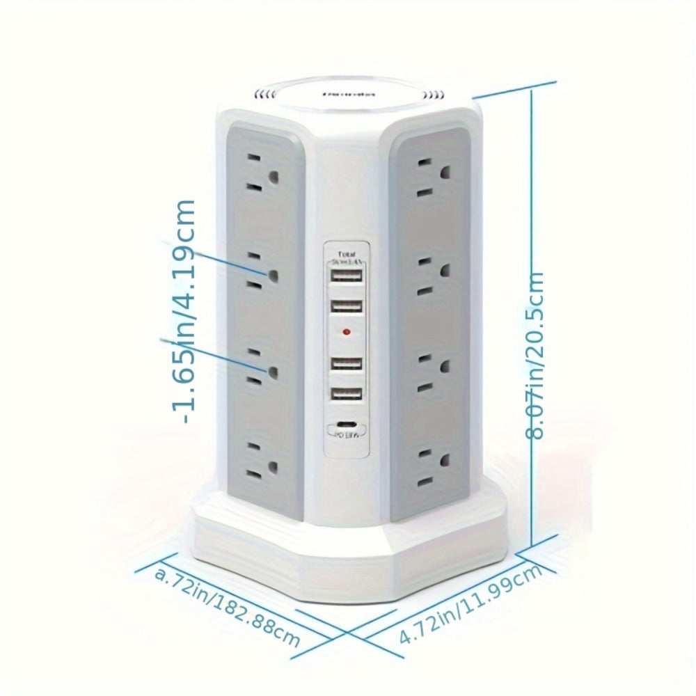 Power Strip Tower Surge Protector 16 AC Outlets 5 USB Ports PD20W USB-C Fast Charging Flat Plug Extension Cord 1500J Overload Protection Desktop Charging Station for Home Office Dorm