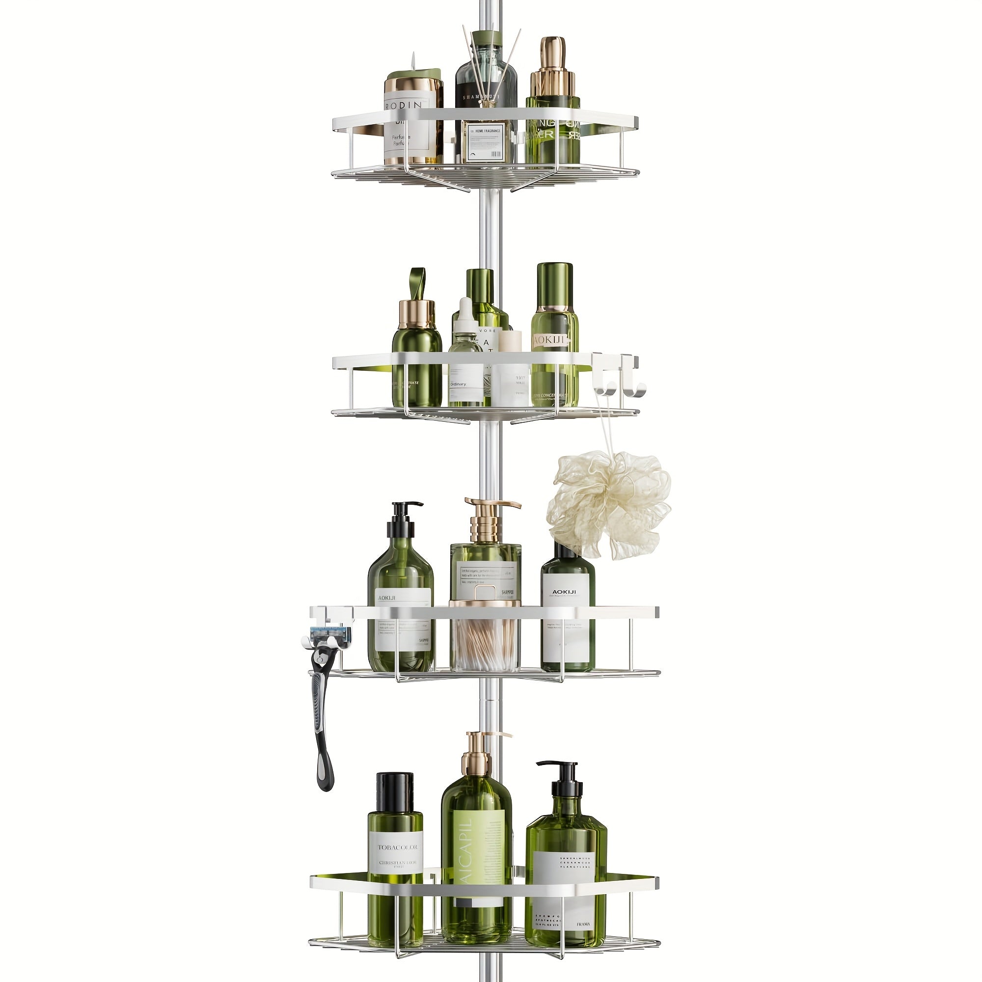 Corner Shower Caddy Tension Pole No Drilling Shower Organizer Shelf with Hooks for Bathroom Bathtub Shampoo Soap Storage Adjustable Height Rustproof