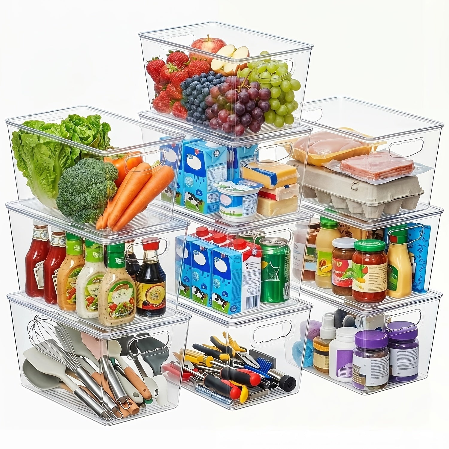 Clear Stackable Storage Bins with Lids 10 Pack - Large Plastic Pantry Organizer Containers with Handle, 11x7.5x6 Inch, for Kitchen Fridge Cabinet Closet Bathroom Organization