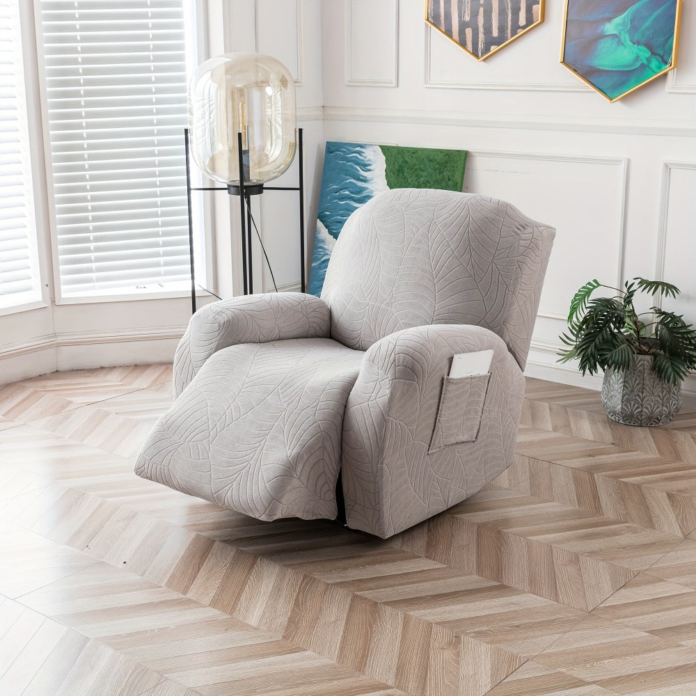 Recliner Chair Cover Slipcover 4-Piece Set ¨C Leaf Jacquard Stretch Furniture Protector with Storage Pocket, Non-Slip Recliner Sofa Cover for Living Room, Machine Washable, 6 Colors Available