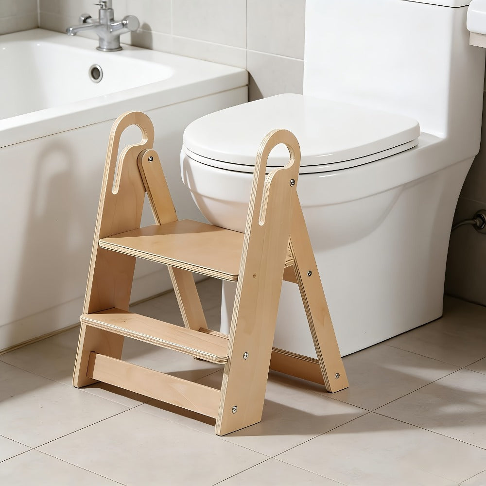 Foldable Step Stool Non-Slip Double-Tier with Handle Portable Toilet Training Stool for Bathroom Kitchen Bedroom Countertop Sink Kids Adults Natural Wood Finish Sturdy Step Ladder