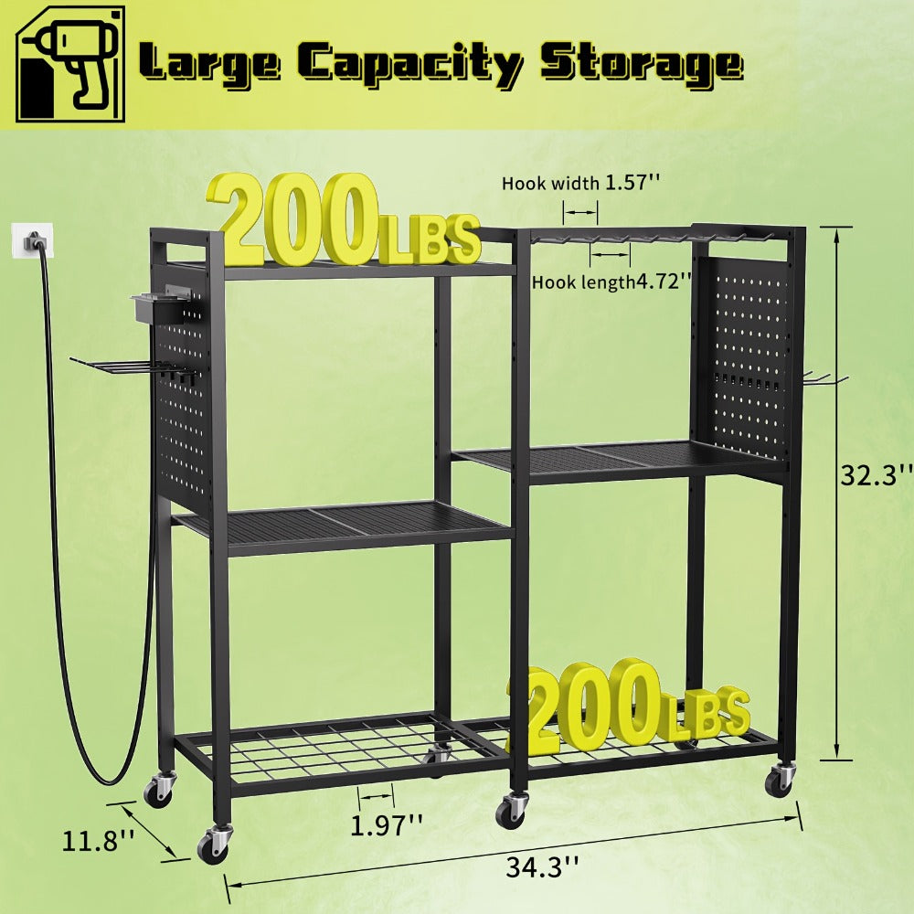 Mobile Tool Cart with Charging Station ¨C 12 Drill Holders & 5 Storage Shelves Power Tool Organizer | Rolling Utility Rack Toolbox with Battery Charging Power Strip for Garage & Workshop | 4 Colors
