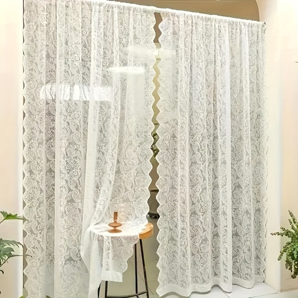 Sheer Curtain Rod Pocket Floral Lace Semi-Sheer Window Panel for Living Room Bedroom Kitchen Bathroom, 100% Polyester, Machine Washable, White Light Green Coffee