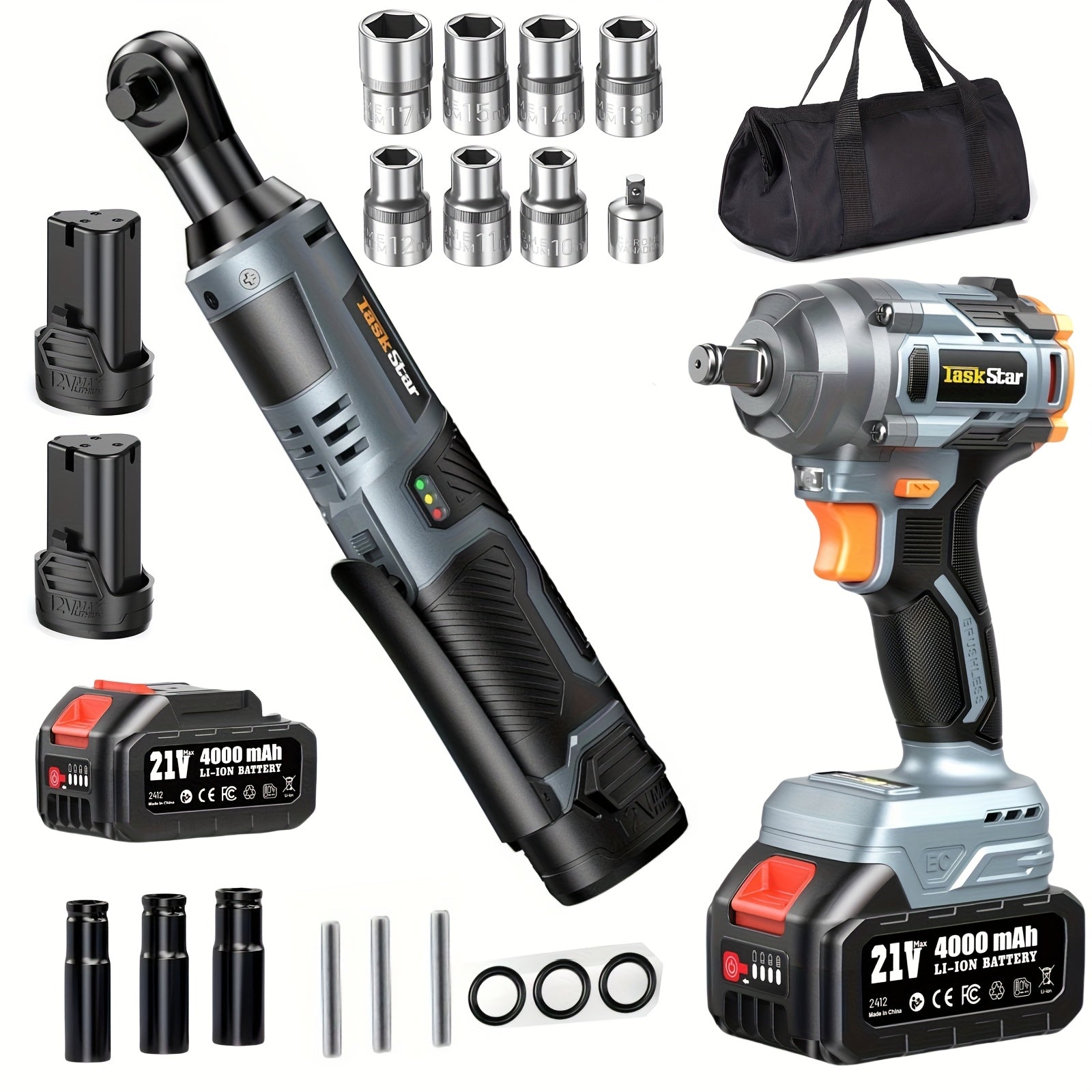 Electric Ratchet Wrench Set 3/8 Inch with 400Nm Impact Wrench - Variable Speed Trigger Batteries Fast Charger 1/4 Inch Adapter Cordless Power Tool Kit | Automotive Home Repair DIY