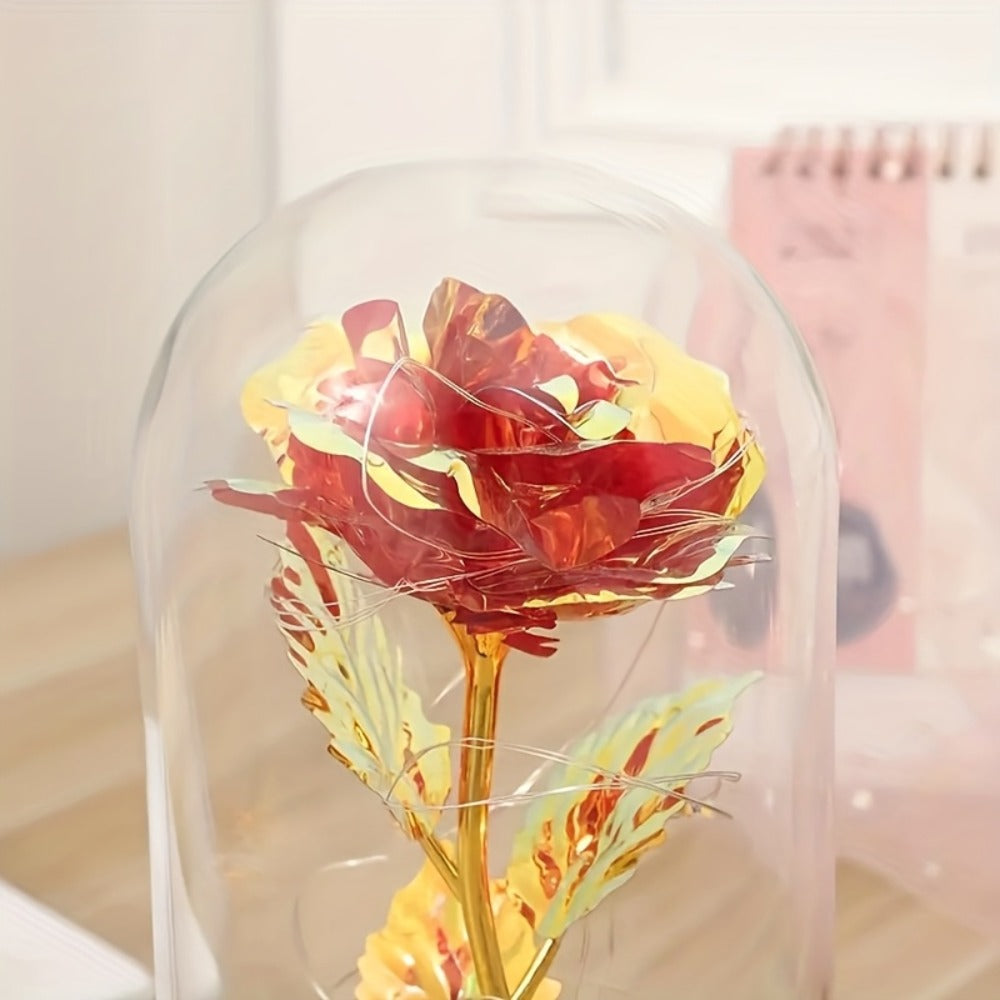 LED Rose Flower in Glass Dome, Eternal Foil Rose with LED Light, Romantic Valentine's Day Gift for Girlfriend, Mother's Day Wedding Bridesmaid Desktop Decoration, Battery Powered