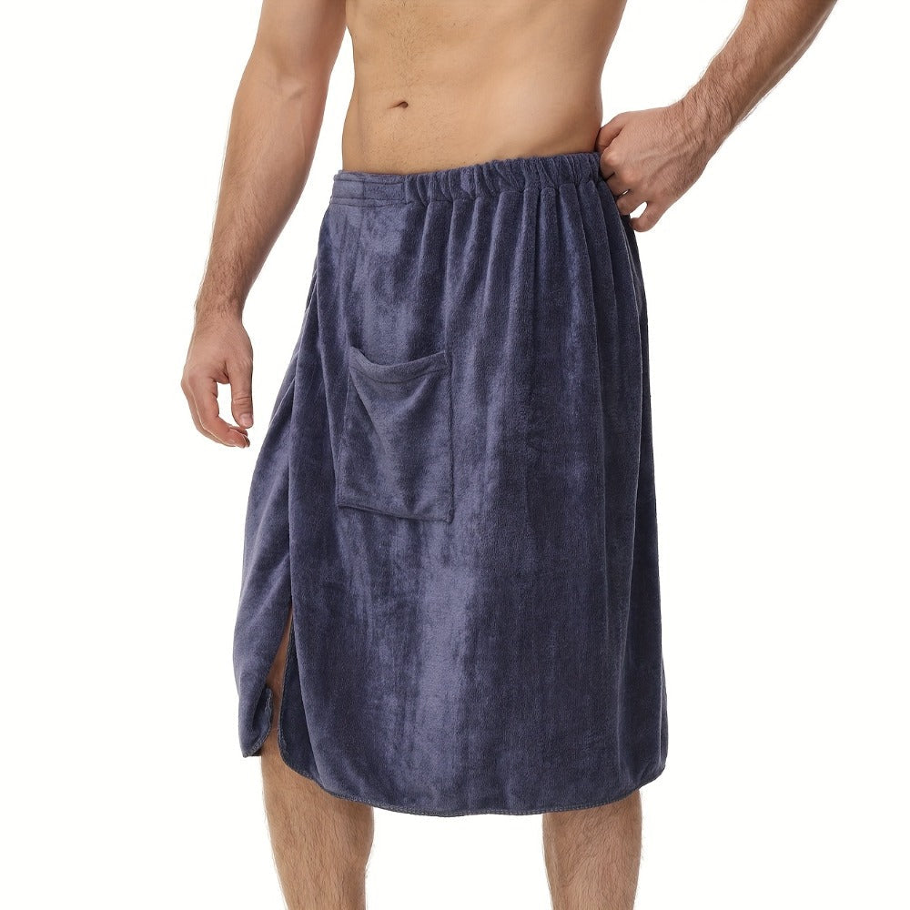 Wearable Bath Towel for Men - Soft Absorbent Suede Microfiber Bathrobe Wrap 320GSM Solid Color Quick Dry Shower Towel | Blue Brown | Spa Gym Bathroom Robe Towel Modern Style Men Gift