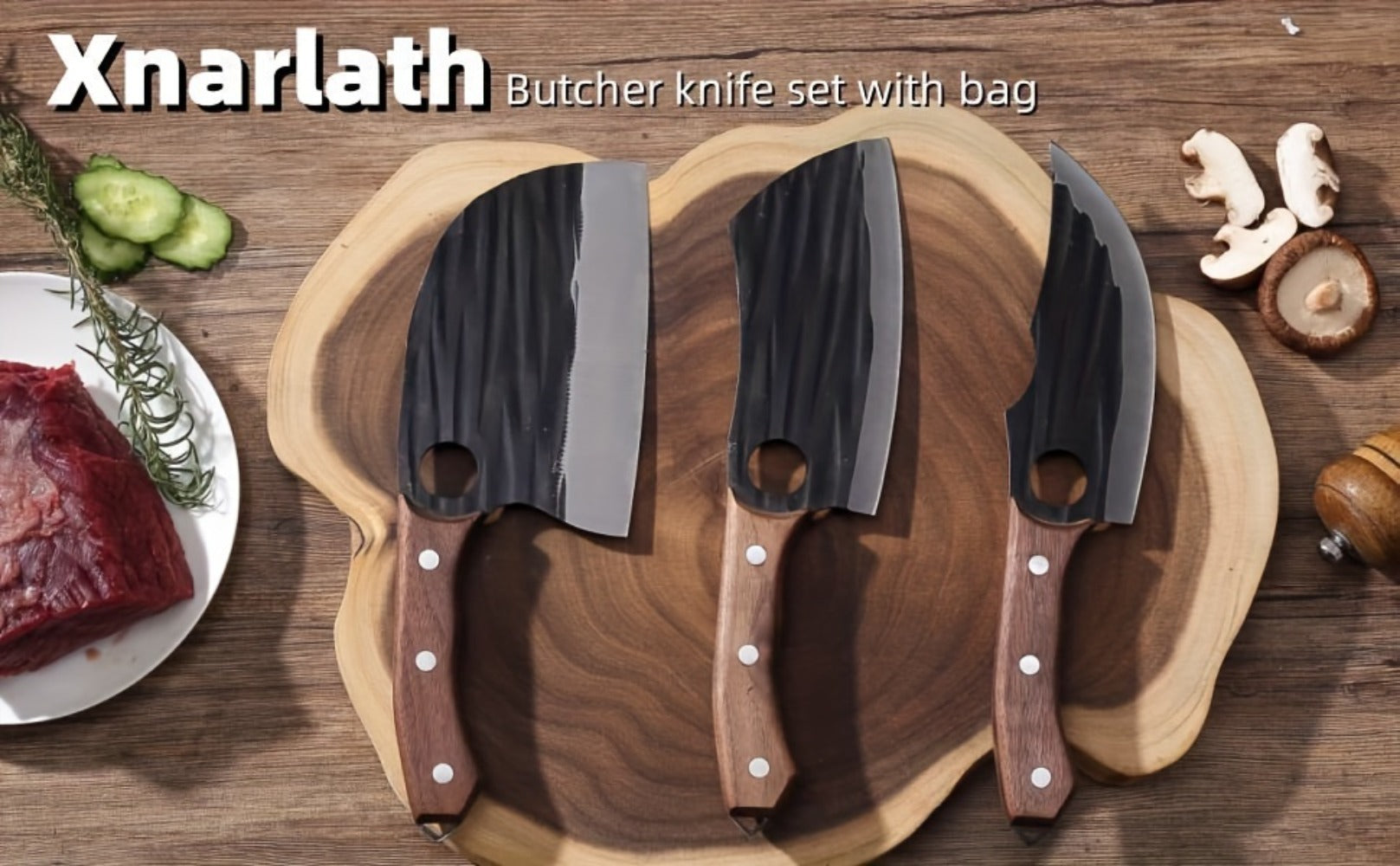 Viking Hand-Forged Butcher Knife Set ¨C High Carbon Steel Meat Cleaver, Boning & Carving Knife, Vegetable Knife for BBQ & Camping, with Carrying Case