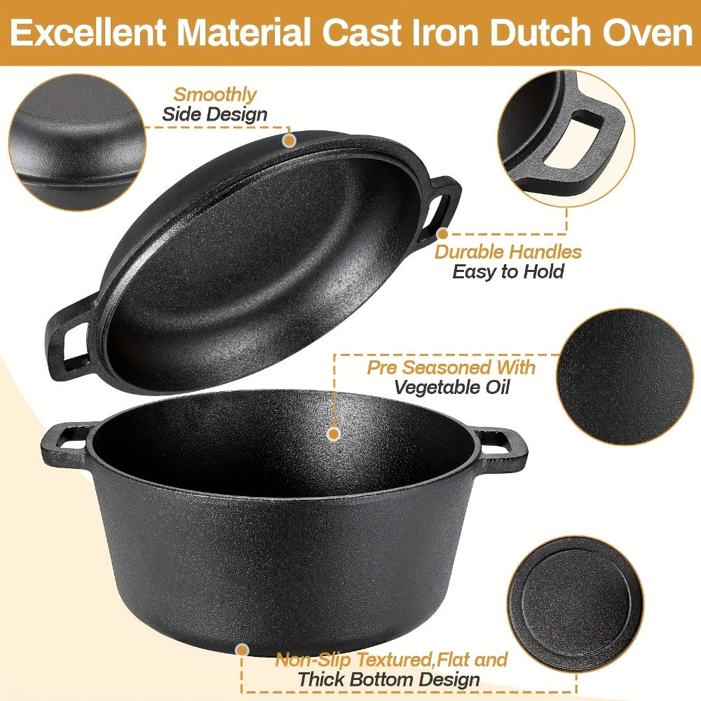 Cast Iron Dutch Oven Set 5.1QT & 7QT with Skillet Lid ¨C Pre-Seasoned 2-in-1 Cookware for Stovetop, Induction, Oven, Campfire & BBQ, Sourdough Bread Baking, Frying, Camping