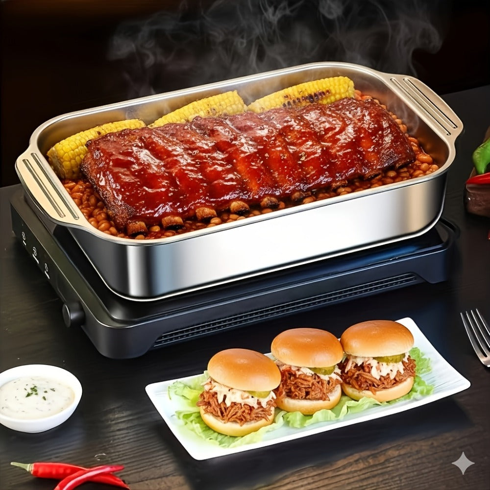 Stainless Steel Deep Baking Tray with Lid 4-Piece Set, 1.59 Gallon Rectangular Roasting Pan with Handle Lids, 16-Inch Dishwasher Safe Deep Tray for Fish BBQ Spaghetti, 2 Trays + 2 Lids