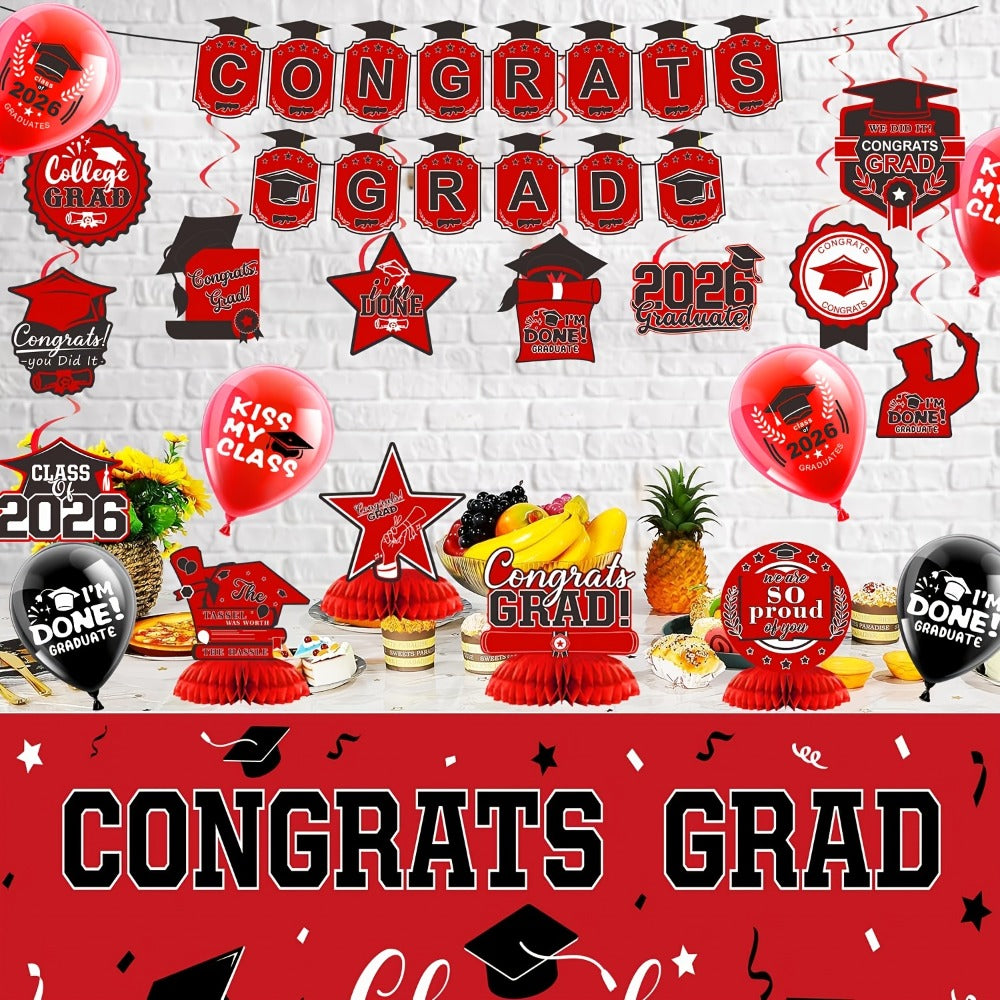 2026 Graduation Decorations Set ¨C Congrats Grad Banner, Backdrop, Hanging Swirls & Honeycomb Table Toppers, Class of 2026 Party Supplies Kit