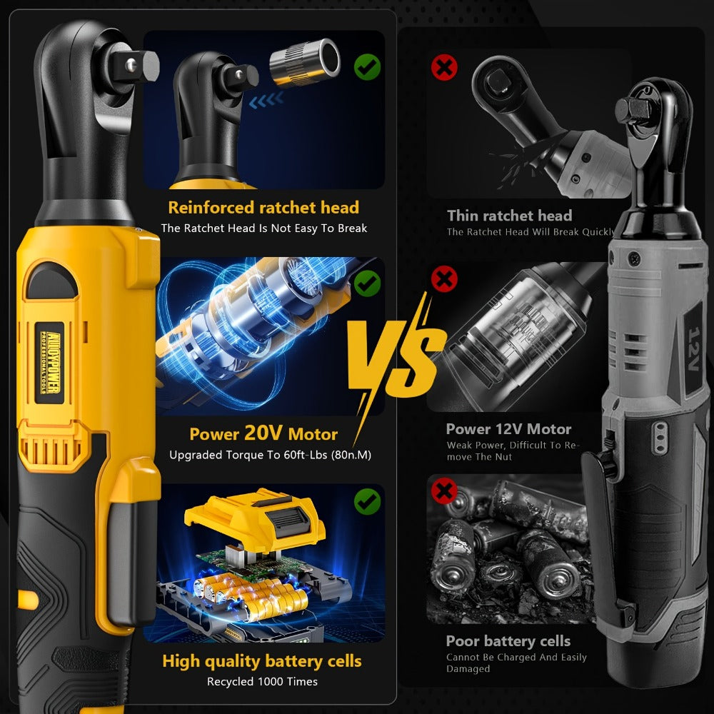 Cordless Ratchet Wrench Set 3/8 Inch 60FT-LBS 80Nm Electric Ratchet 2x20V Rechargeable Variable Speed LED Light 6 Sockets 1/4 Adapter 3 Inch Extension Rod Yellow