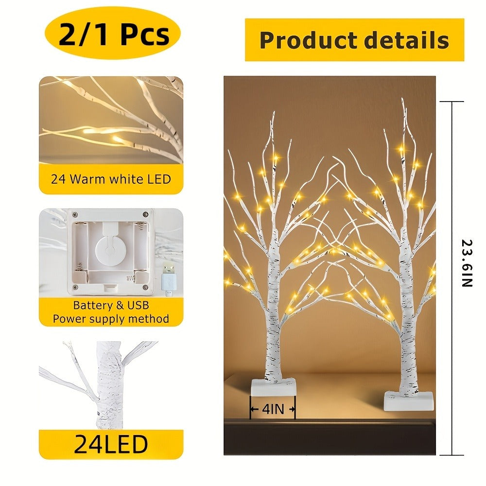 Artificial Birch Wood LED Lamp 2ft - 24 Warm White Lights, USB & Battery Powered Decorative Tree Branch Light for Bedroom, Living Room, Office, Wedding & Home Decor, 1/2 Pack