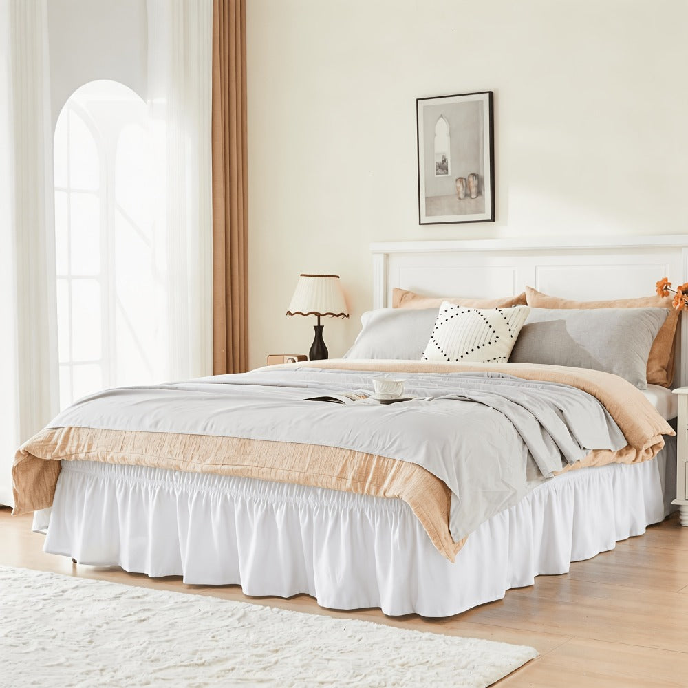Bed Skirt with Adjustable Elastic Belt - Ruffle Microfiber Dust Ruffle 15 Inch Drop, Hotel Quality, Fade Resistant, Machine Washable, Easy Wrap Fit