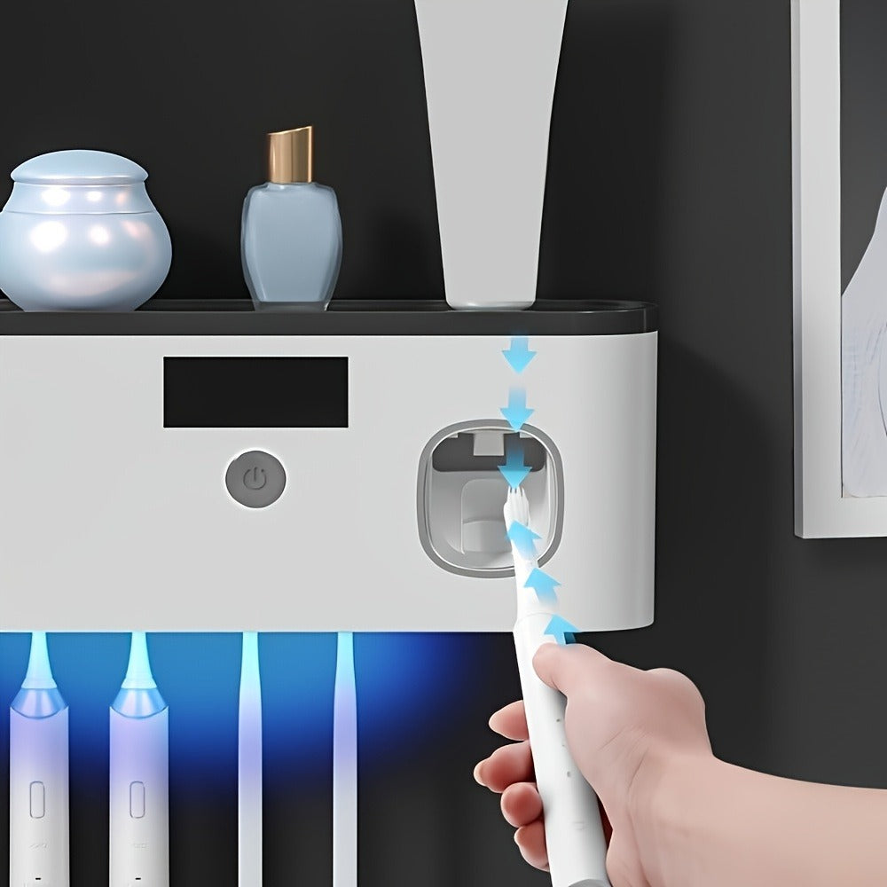 Toothbrush Holder Wall Mounted No Drill - 4-Slot Bathroom Toothbrush & Toothpaste Storage Rack, Modern Bathroom Organizer, Self-Adhesive Wall Mount, White Grey Bathroom Decor Accessories