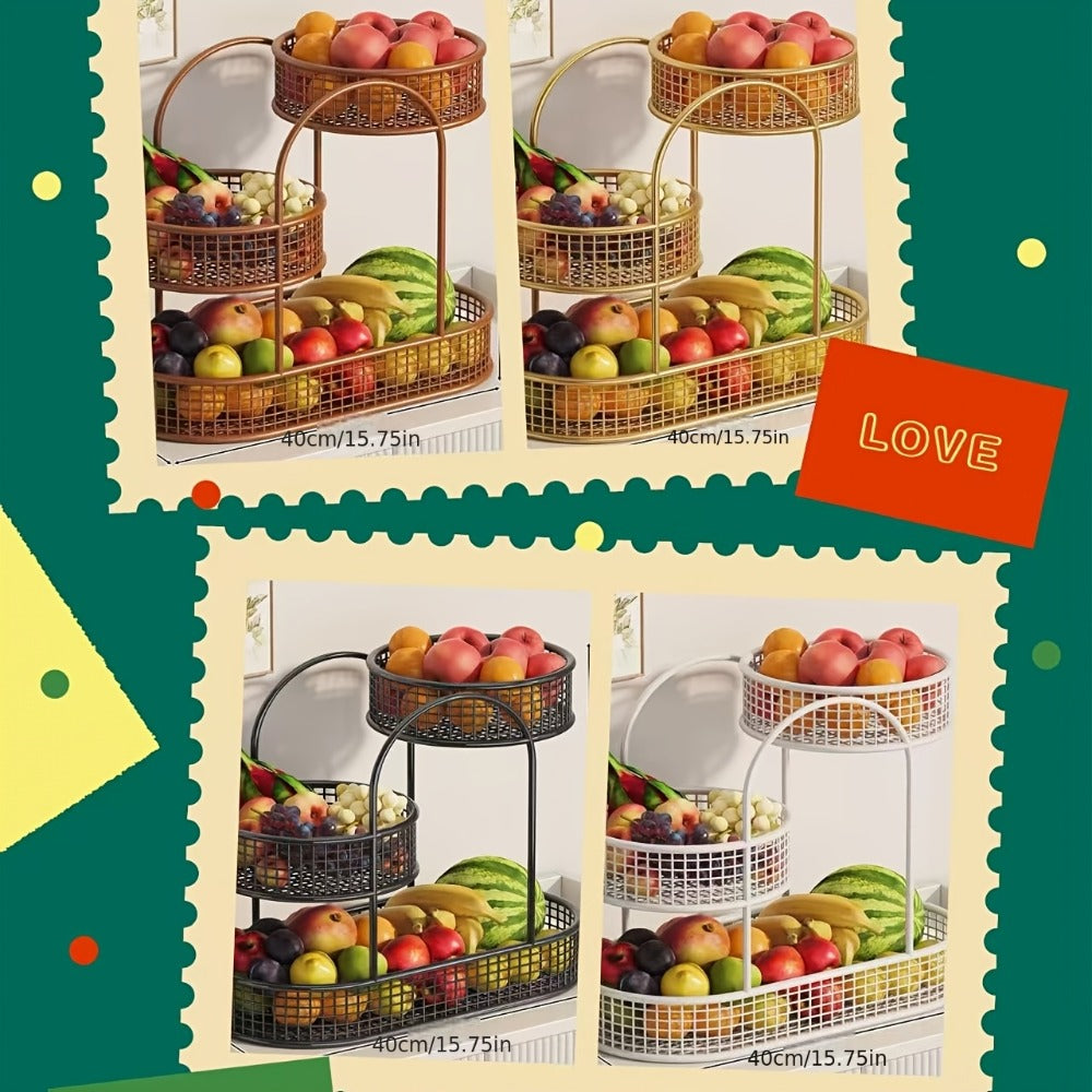 3-Tier Metal Fruit Basket Stand Extra Large Heavy Duty Countertop Fruit Bowl with Grid Design, Breathable Ventilated Multi-Level Storage Rack for Fruits Vegetables Bread Kitchen Organization