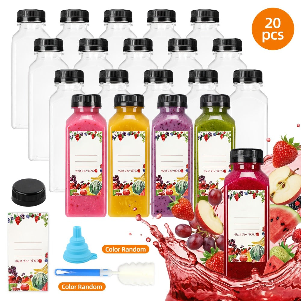 Plastic Juice Bottles with Lids - Clear Reusable Drink Containers for Juice Smoothies Water and Beverages, Available in 12oz and 16oz in Sets of 20, 36, 56 or 100, Includes Funnel and Cleaning Brush