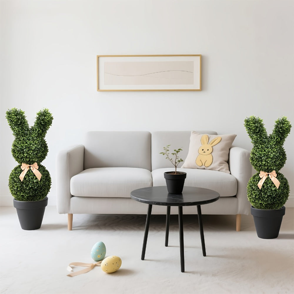 Artificial Boxwood Bunny Topiary 2-Pack | 3Ft Faux Rabbit Garden Statue with Bow, Indoor Outdoor Easter Spring Porch Decor, Lifelike Greenery Sculpture with Planter