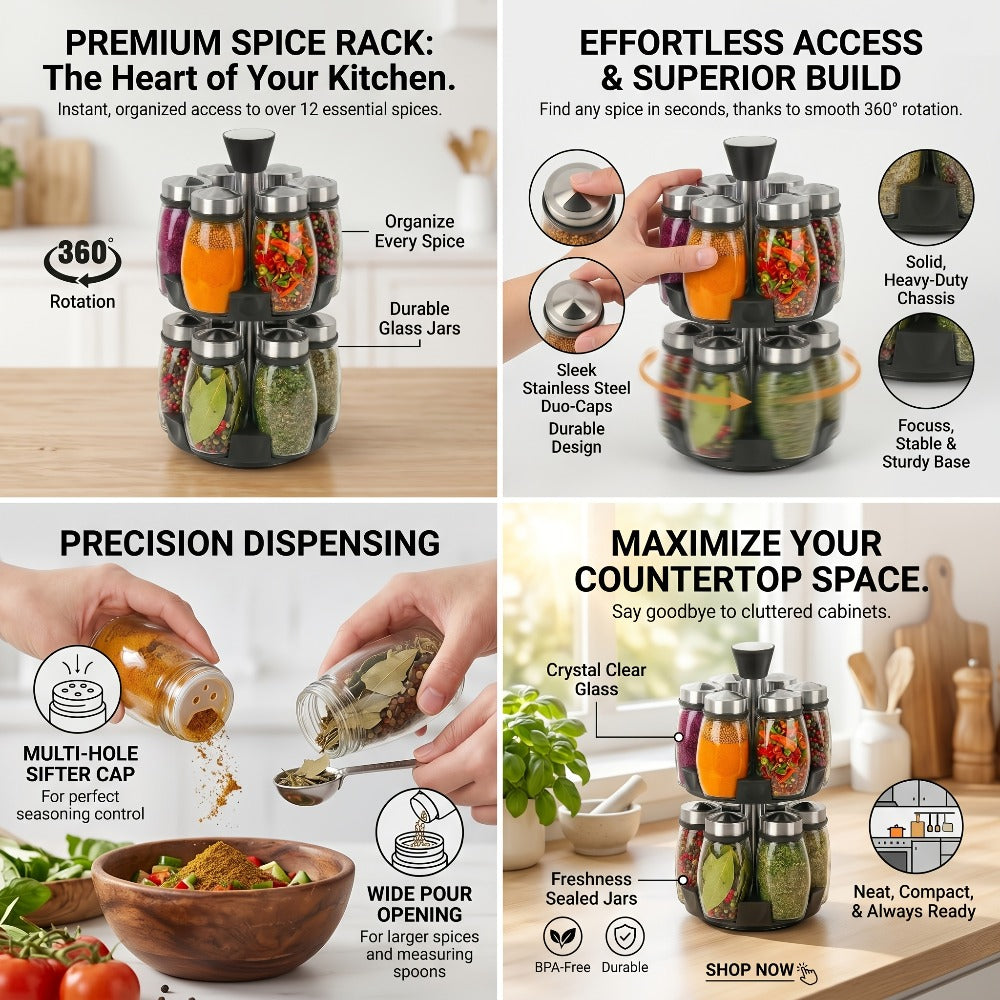 Glass Spice Jar Set with Rotating Rack ¨C Airtight Kitchen Spice Organizer with 360¡ã Stainless Steel Stand ¨C Food Grade Glass Seasoning Bottles for Pantry, Cabinet & Countertop Storage ¨C 6 or 12 Piece