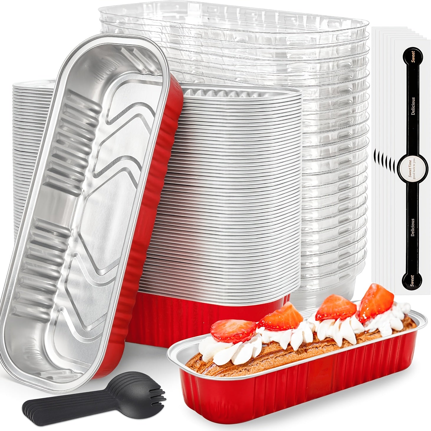 Mini Cake Pans 100 Pack with Lids and Spoons Aluminum Foil Rectangular Disposable Baking Pans 6.8oz for Cheesecake Desserts Gifts Party Catering 6 Colors