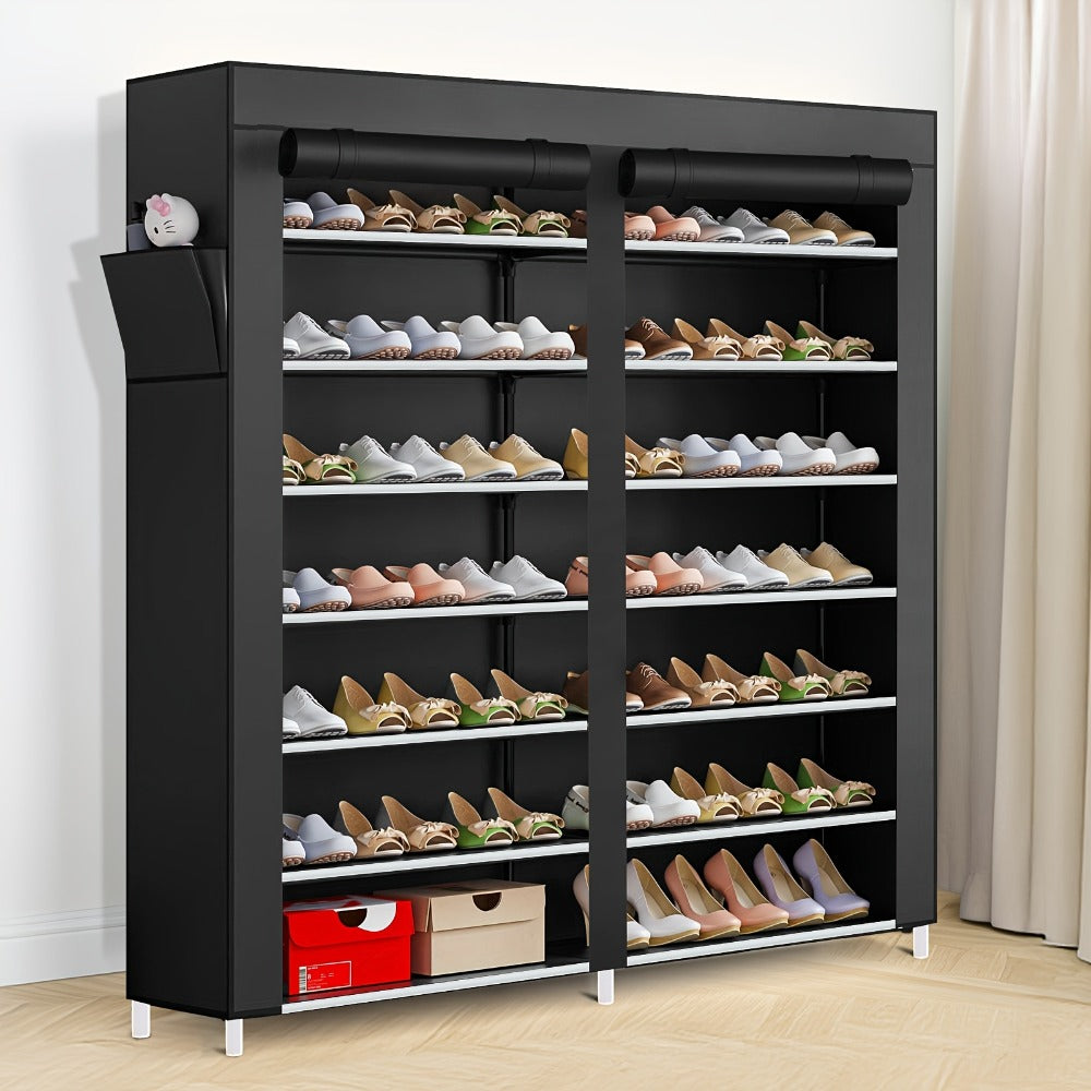 Shoe Rack Organizer 9 Tier Double Row Large Capacity Holds 42 Pairs Nonwoven Fabric Dust Cover Portable Shoe Cabinet Space Saving Easy Assembly for Home Bedroom Closet Dormitory Black