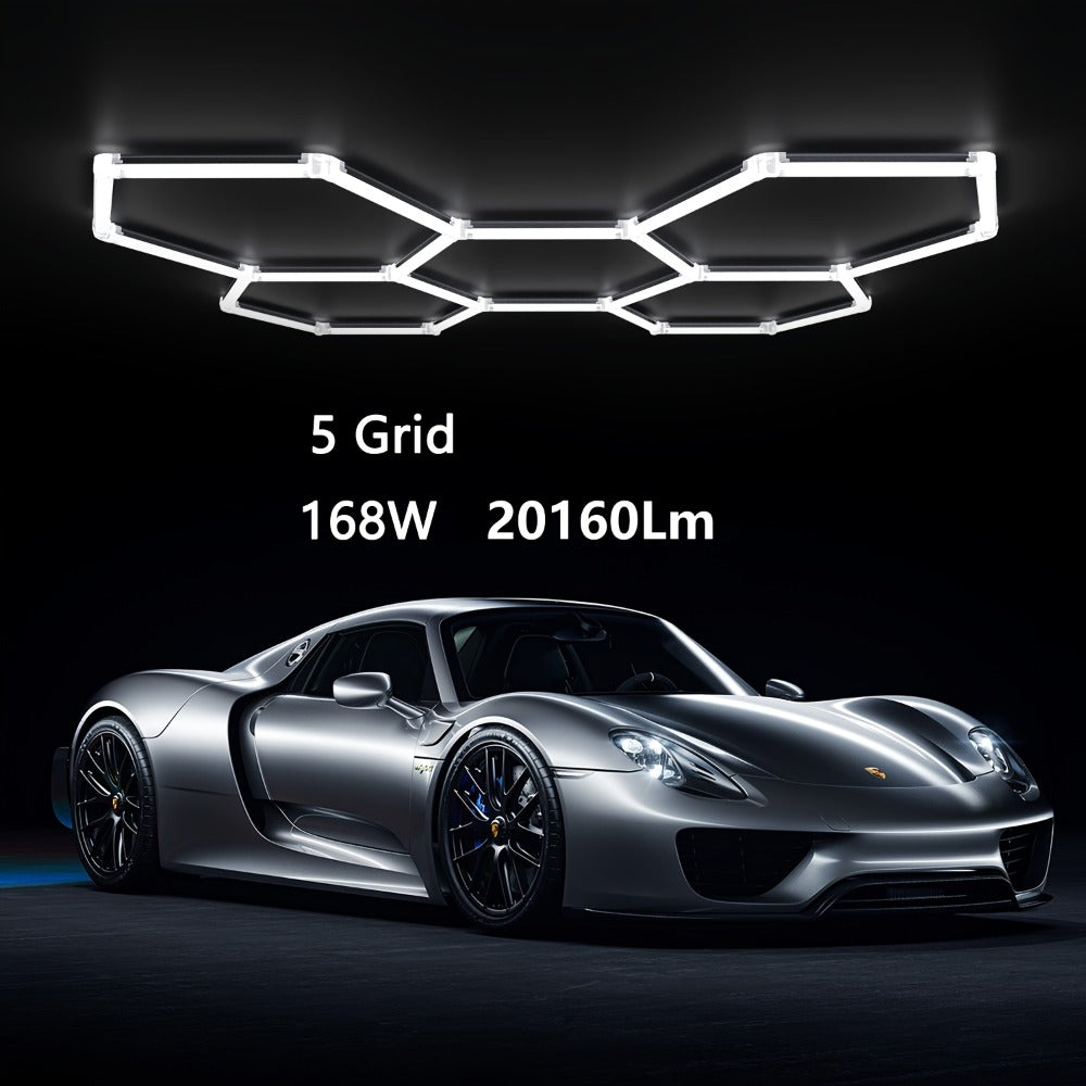 LED Hexagonal Garage Light 6500K ¨C Super Bright Daylight White Shop Light 42W¨C620W for Auto Detailing, Warehouse, Workshop, Basement & Gym (1 to 32 Grids, Hex Frame Available)