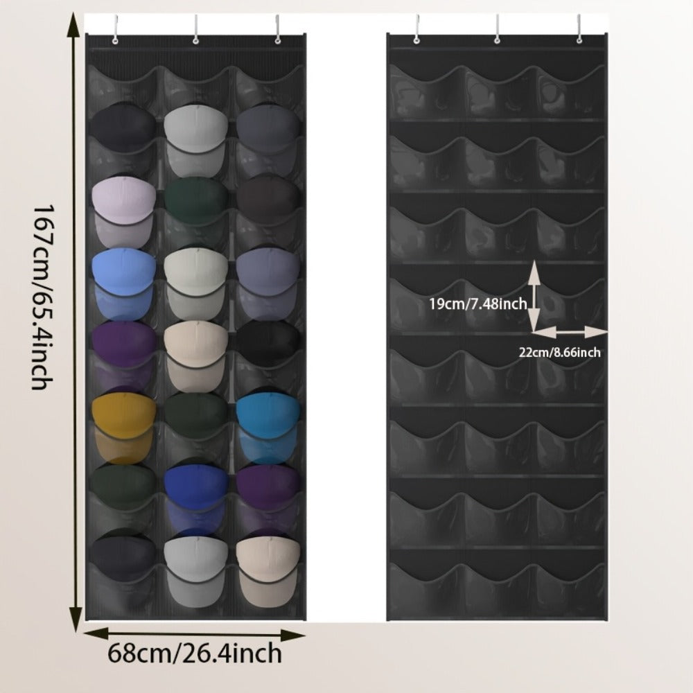 Over the Door Hat Organizer 24 Pocket - Baseball Cap Rack with Large Clear Pockets and 3 Hooks for Hat Storage Protection and Display in Closet