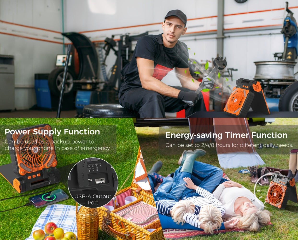 Solar Camping Fan 10400mAh Rechargeable with Solar Panel LED Light Timer USB Battery Powered 2-in-1 Fan and Light for Travel Picnic Outdoor Indoor Sleeping