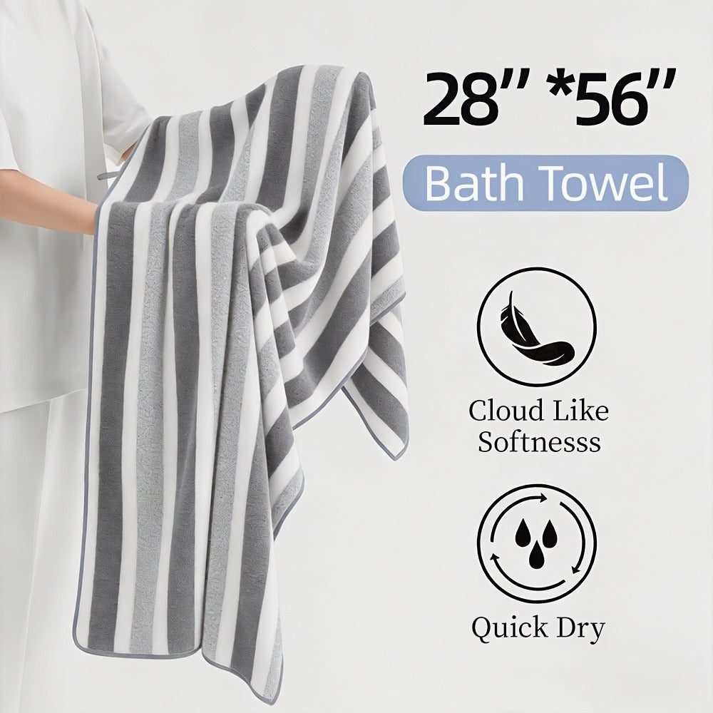 Striped Bath Towel Set 1 or 4 Pack 346GSM - 100% Polyester Super Soft Skin Friendly Absorbent Quick Dry | 70x140cm 27.6x55.1in | Green Gray Red Multi-Color | Home Bathroom Beach Essentials