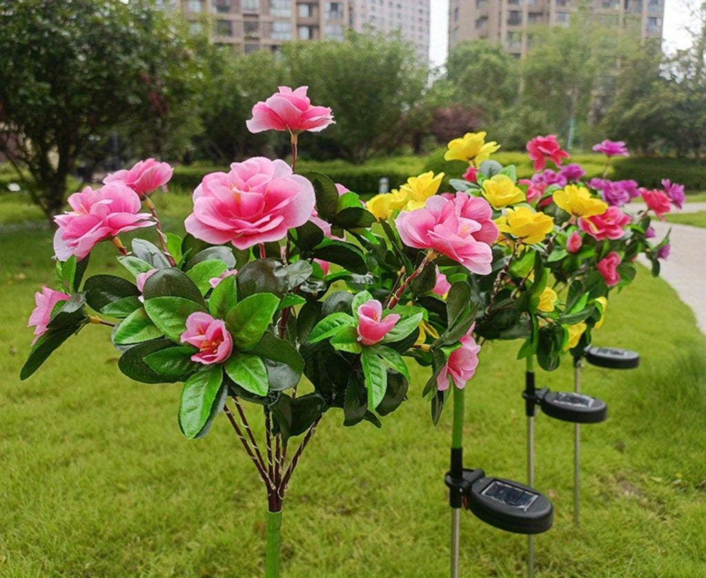 Solar Flower Lights Outdoor IP65 Waterproof Simulation Azalea Garden Decor Light 42 LED Solar Powered Decorative Stake Light for Garden Patio Yard Rose Red Yellow Pink Purple Colorful