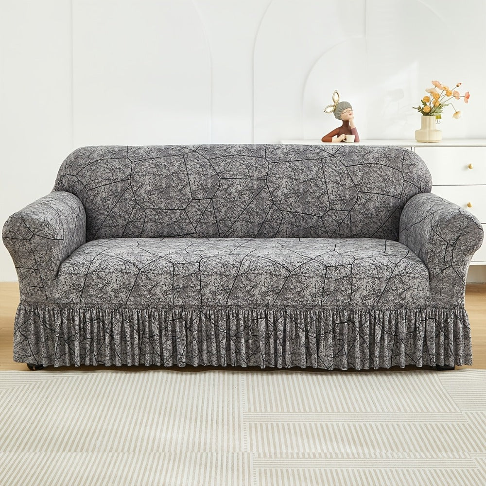 Printed Elastic Skirt Sofa Cover Modern Hem Design Stretch Sofa Slipcover Protective Furniture Cover for Living Room Single 2 3 4 Seater Machine Washable