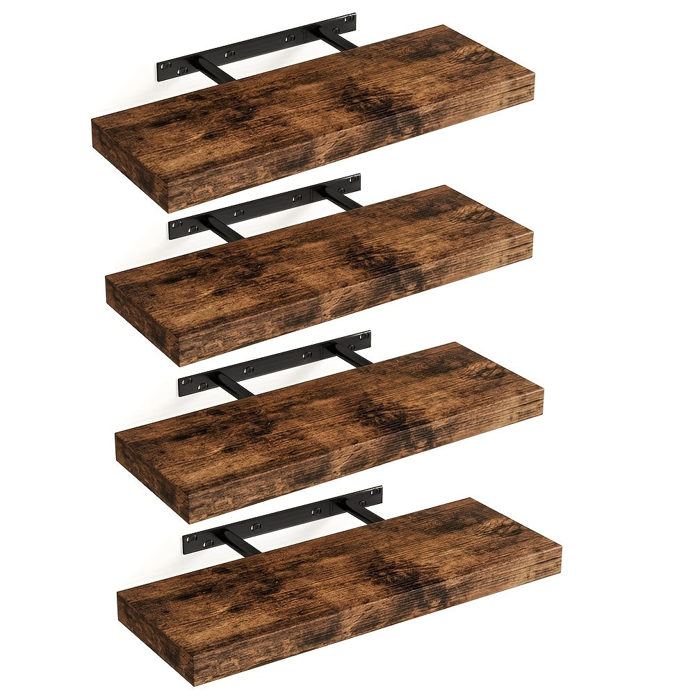 Floating Wall Shelves Set of 4, Retro Style Wall Mounted Shelves with Invisible Brackets for Bathroom Living Room Bedroom Kitchen, Brown Black White Gray Home Decor Display