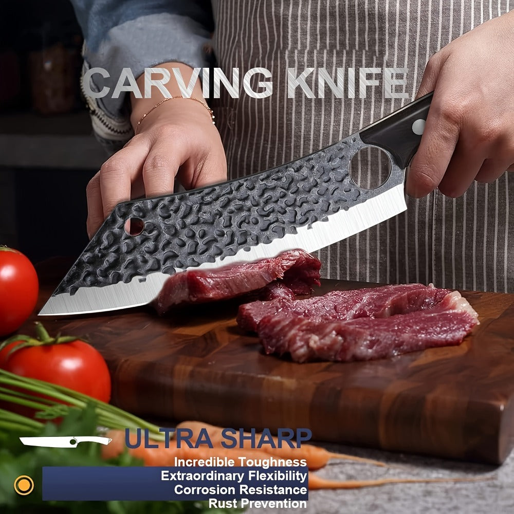 Butcher Knife 8 Inch Hand Forged High Carbon Steel Cleaver ¨C Meat & Vegetable Chopping Knife with Finger Hole, Wooden Handle