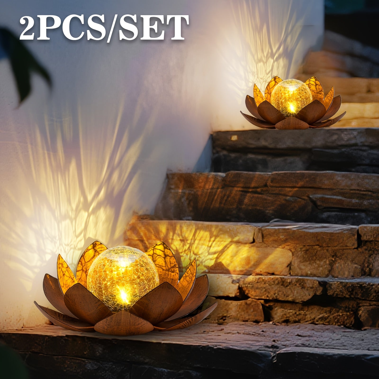 Solar Lotus Cracked Glass Ball Garden Lamp 2pcs ¨C Waterproof Metal Cracked Ball Solar Light for Outdoor & Indoor Decoration | Garden, Balcony, Dining Table & Living Room Decor | Father¡¯s Day Gift