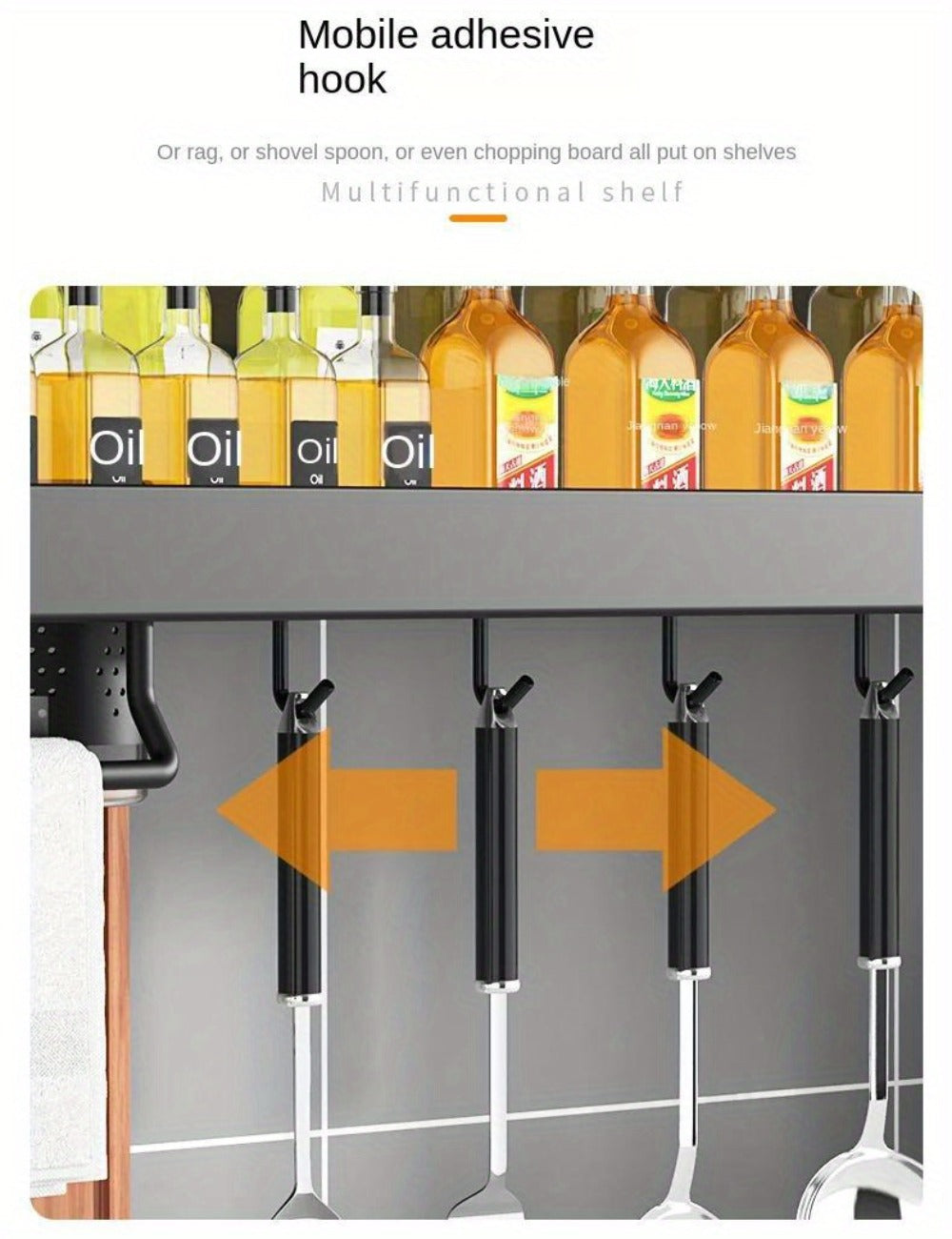 Kitchen Wall Mounted Storage Rack Double Layer ¨C No-Drill Organizer with Knife Slots, Chopstick Holder & Towel Bar, Space-Saving Floating Shelf for Kitchen Counter, 19.69 Inch (Black)