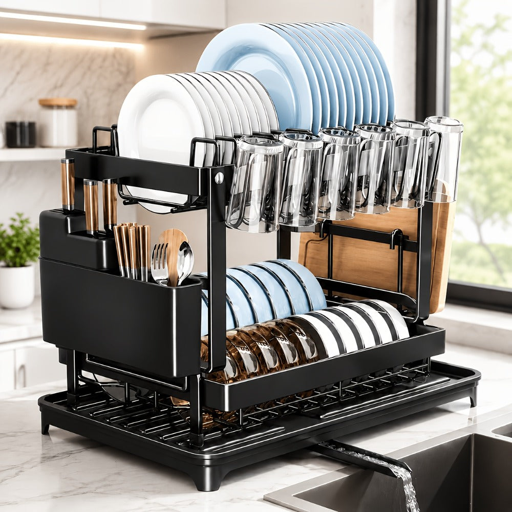 Two-Tier Dish Drying Rack with Drainboard - Metal Kitchen Dish Holder with Drainage for Countertop, Two-Level Dish Drainer for Plates, Cups & Utensils, Single or Double Layer, Black White Gray