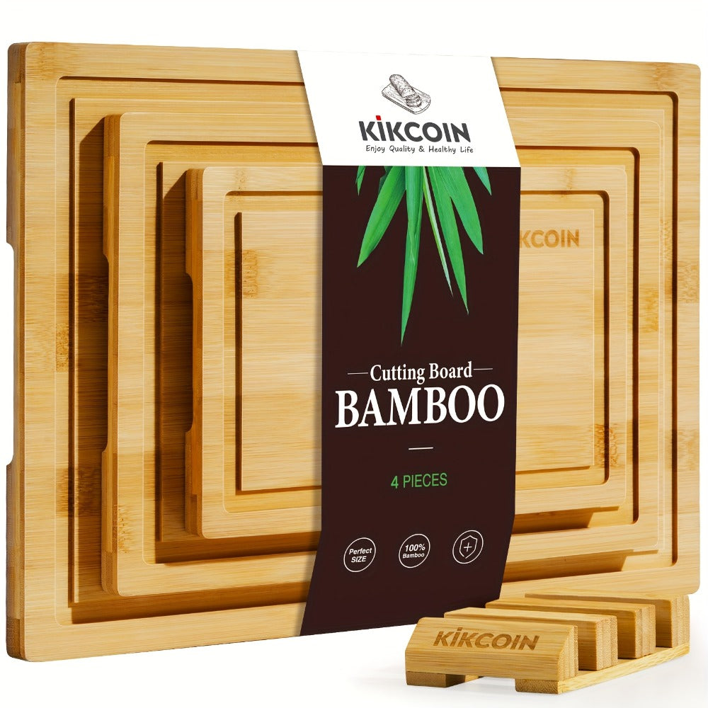 Bamboo Cutting Board Set 4pcs with Rack Juice Groove Knife Friendly Oversized Kitchen Chopping Boards for Meat Vegetables Fruit Multifunctional Gift for Family