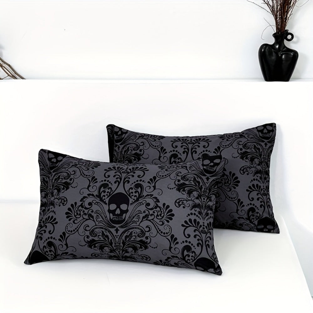 Gothic Skull Fitted Sheet Set 3-Piece ¨C Victorian Baroque Halloween Bedding | 1 Deep Pocket Fitted Sheet + 2 Pillowcases | Machine Washable Hypoallergenic Polyester | Twin Full Queen King