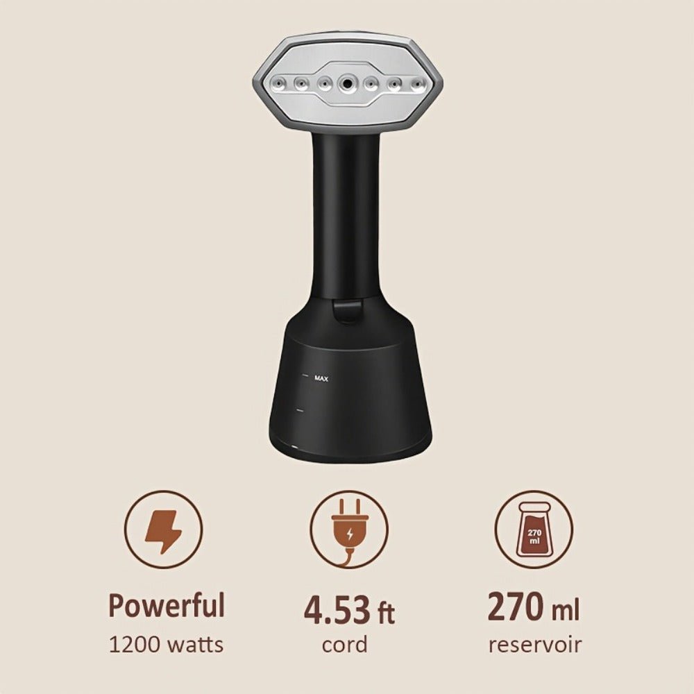 Handheld Garment Steamer for Clothes 30-Second Heat-Up 9.13oz Large Water Tank Ergonomic Grip Removable Base Compact Wrinkle Remover for Shirts Blouses Dresses Home Travel Black