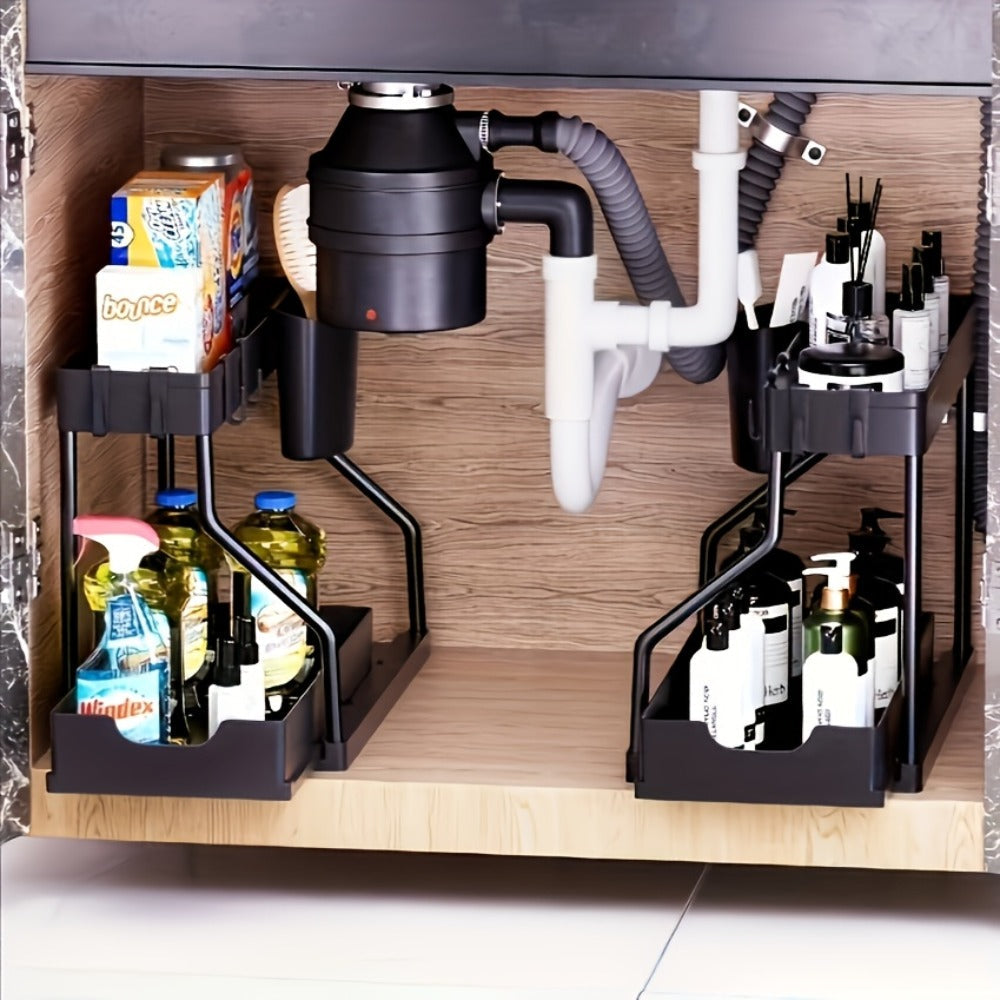 Under Sink Organizer 2-Tier Sliding Cabinet Basket with Hooks ¨C Adjustable Bathroom Kitchen Shelf Storage Rack for Cabinets